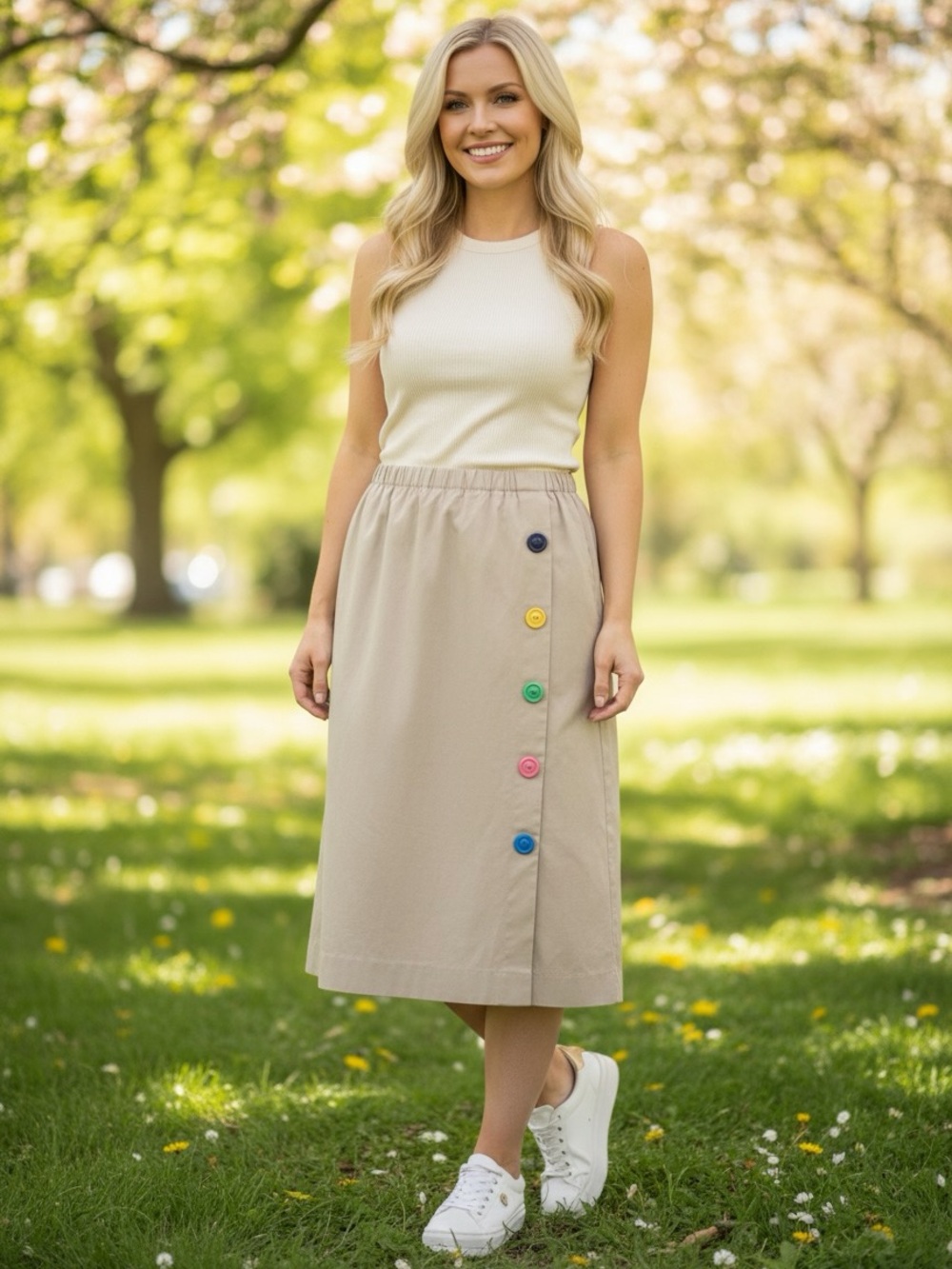 Sanibel Sport Khaki Button Front A-Line Skirt Size XL